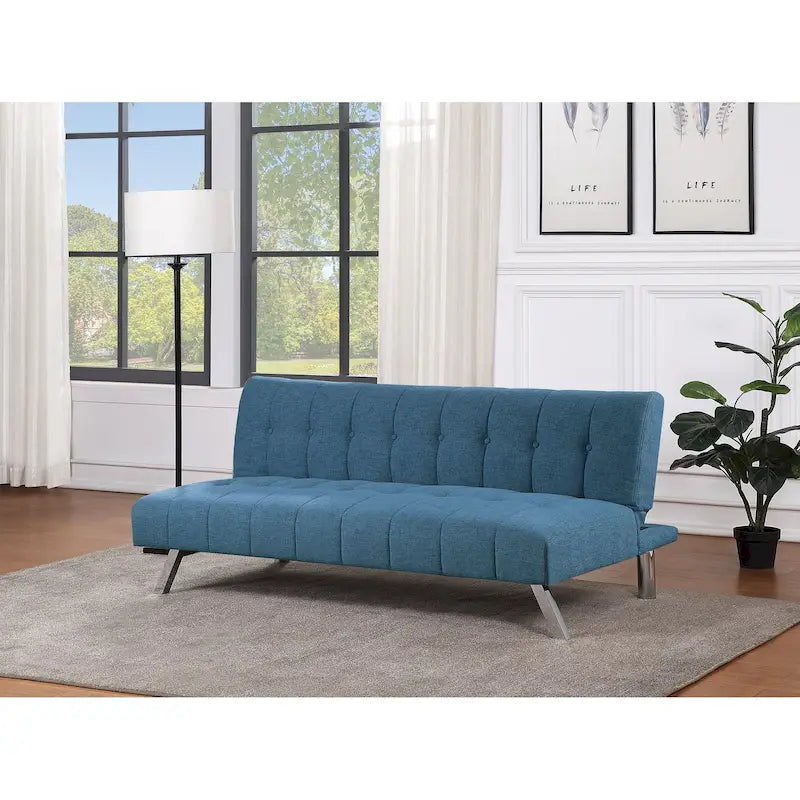 Banquette-lit Futon convertible capitonnée avec pieds en acier inoxydable, Gris Bleu Noir
