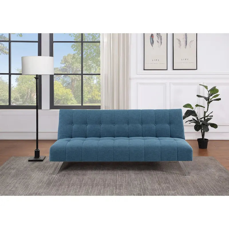 Banquette-lit Futon convertible capitonnée avec pieds en acier inoxydable, Gris Bleu Noir