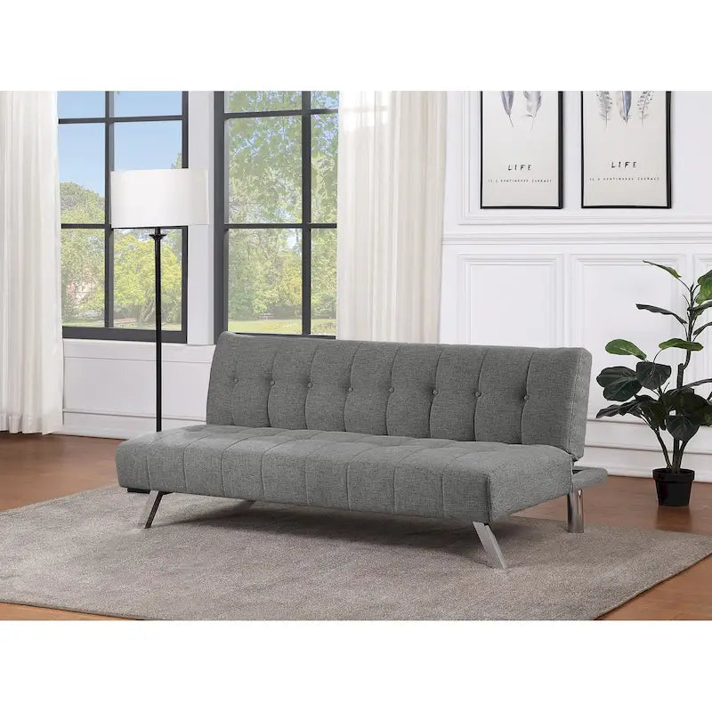 Banquette-lit Futon convertible capitonnée avec pieds en acier inoxydable, Gris Bleu Noir