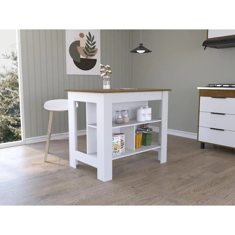 Îlot de cuisine en bois à 3 étagères avec rangement ouvert et finition bicolore