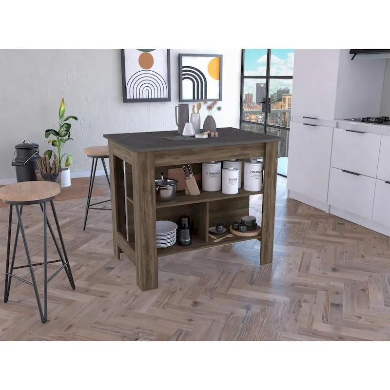 Îlot de cuisine en bois à 3 étagères avec rangement ouvert et finition bicolore
