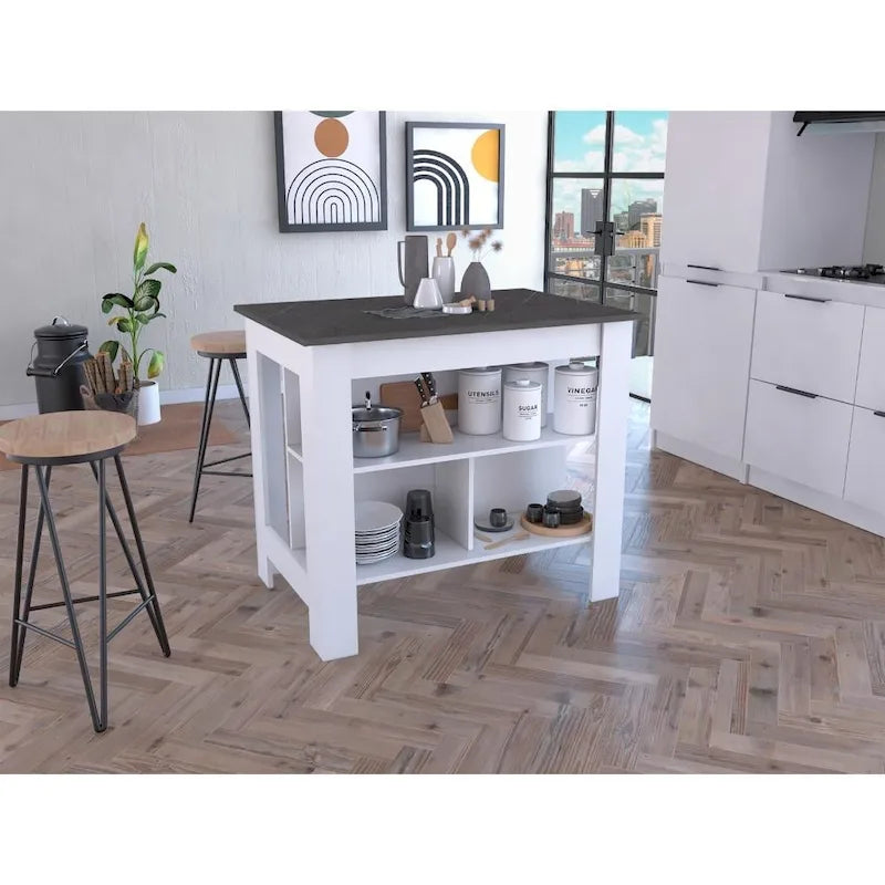 Îlot de cuisine en bois à 3 étagères avec rangement ouvert et finition bicolore