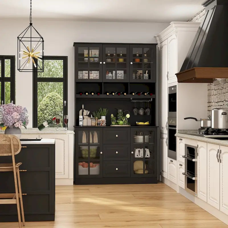 Armoire de rangement de garde-manger avec portes en verre, buffet latéral, finition laque blanche