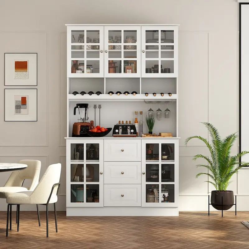 Armoire de rangement de garde-manger avec portes en verre, buffet latéral, finition laque blanche