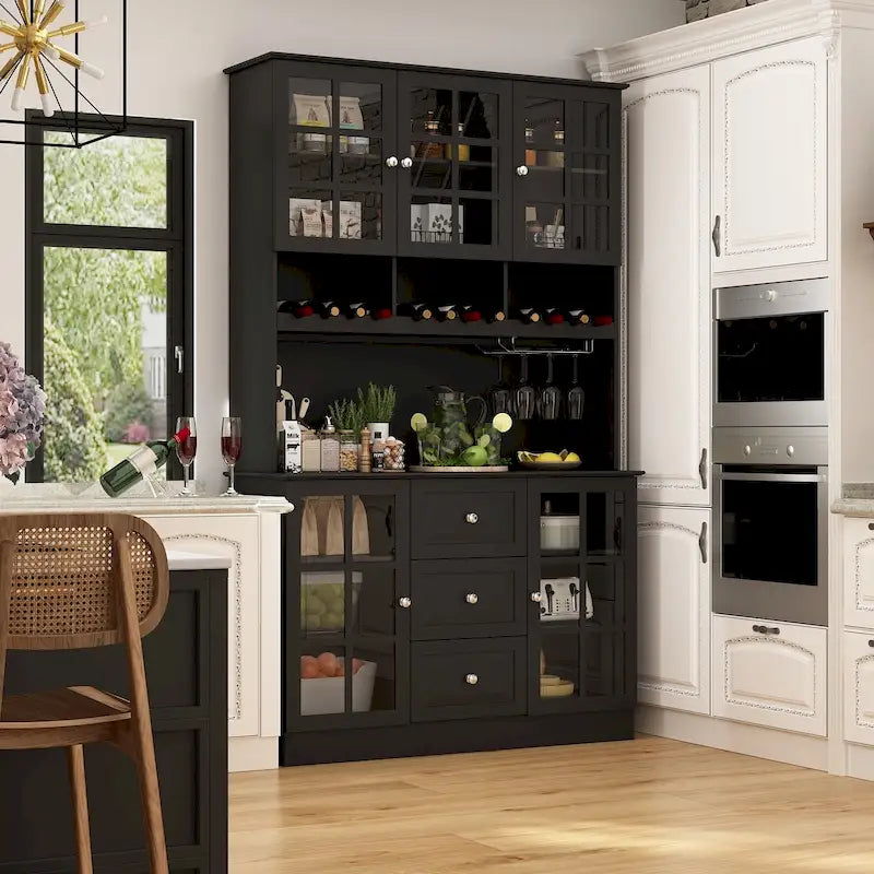 Armoire de rangement de garde-manger avec portes en verre, buffet latéral, finition laque blanche