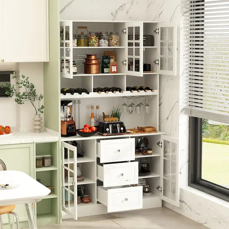Armoire de rangement de garde-manger avec portes en verre, buffet latéral, finition laque blanche