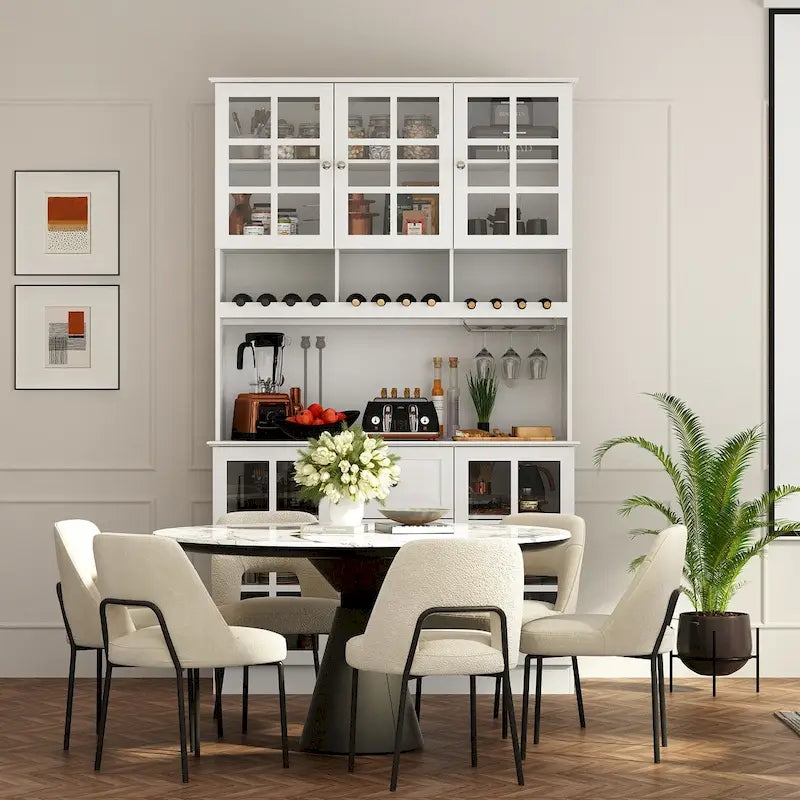 Armoire de rangement de garde-manger avec portes en verre, buffet latéral, finition laque blanche