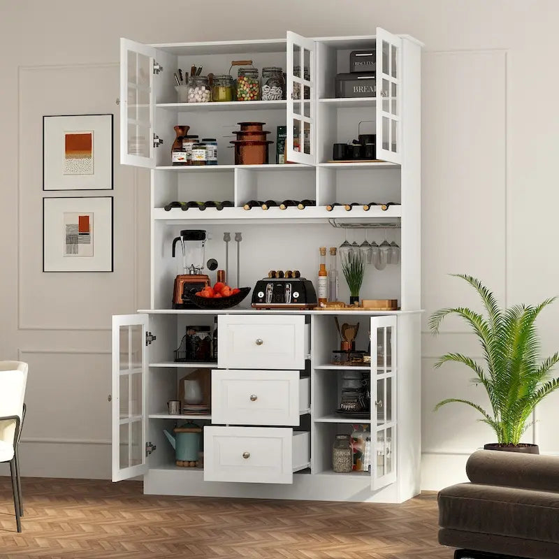 Armoire de rangement de garde-manger avec portes en verre, buffet latéral, finition laque blanche