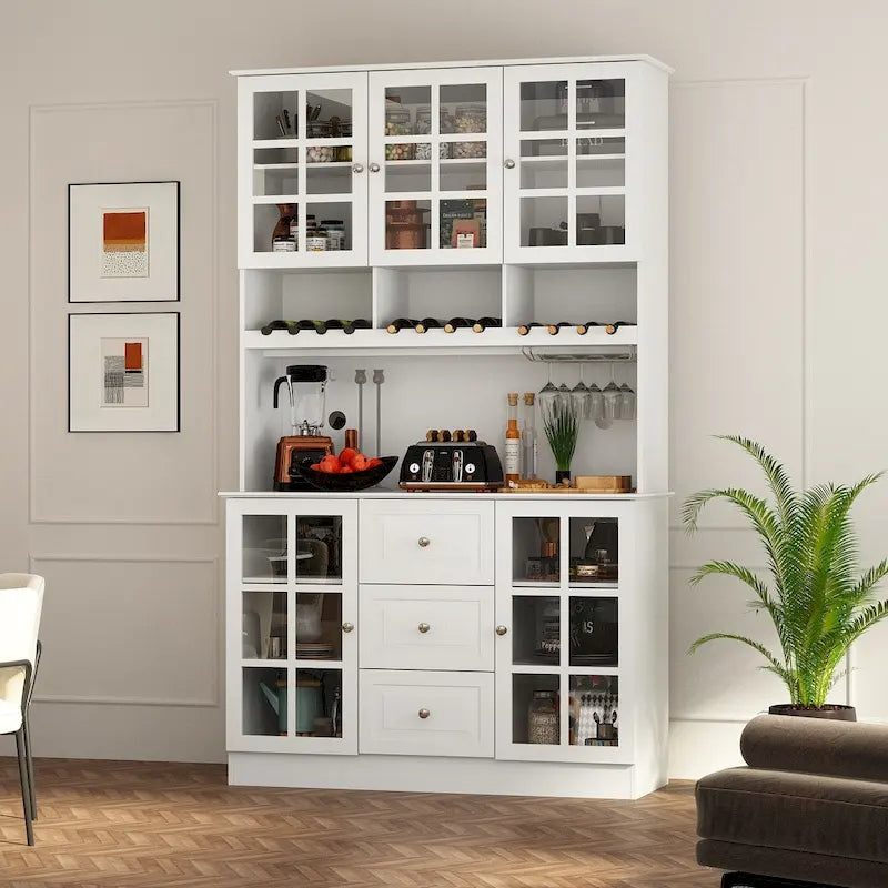 Armoire de rangement de garde-manger avec portes en verre, buffet latéral, finition laque blanche