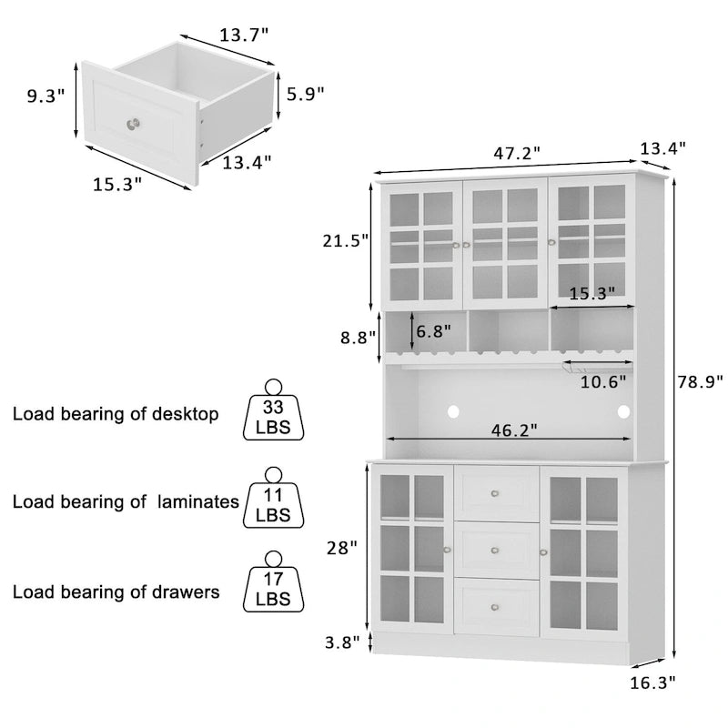 Armoire de rangement de garde-manger avec portes en verre, buffet latéral, finition laque blanche