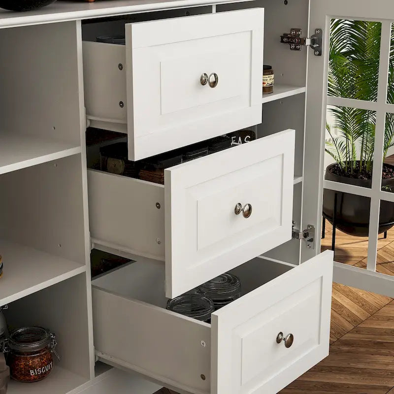 Armoire de rangement de garde-manger avec portes en verre, buffet latéral, finition laque blanche