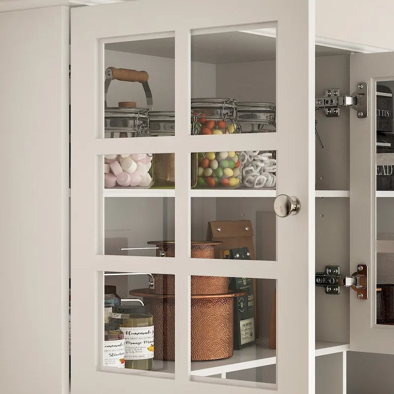 Armoire de rangement de garde-manger avec portes en verre, buffet latéral, finition laque blanche