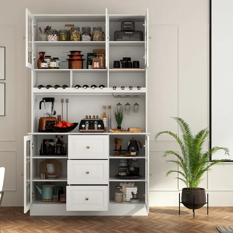 Armoire de rangement de garde-manger avec portes en verre, buffet latéral, finition laque blanche