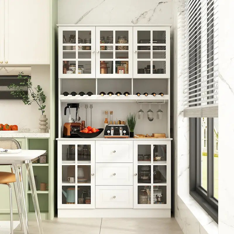 Armoire de rangement de garde-manger avec portes en verre, buffet latéral, finition laque blanche