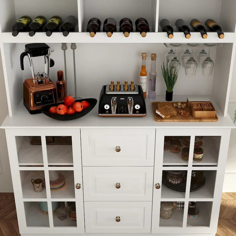 Armoire de rangement de garde-manger avec portes en verre, buffet latéral, finition laque blanche
