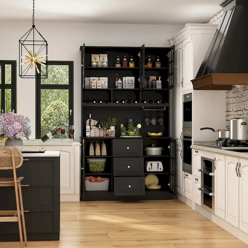 Armoire de rangement de garde-manger avec portes en verre, buffet latéral, finition laque blanche
