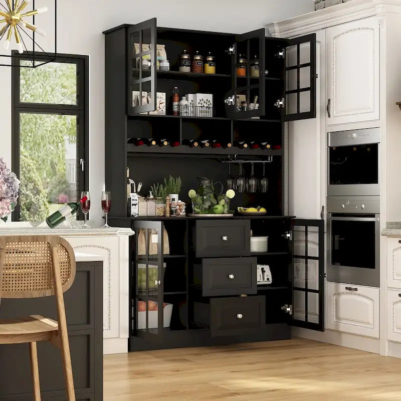Armoire de rangement de garde-manger avec portes en verre, buffet latéral, finition laque blanche