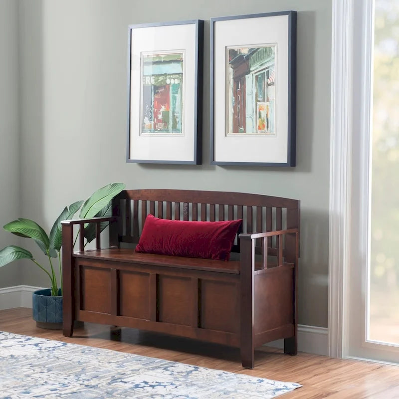 Banc de rangement d'entrée en bois marron noyer avec dossier à lattes et plateau relevable