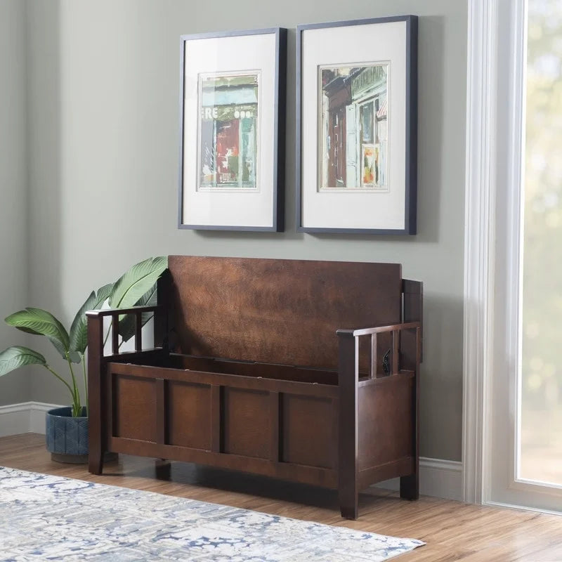 Banc de rangement d'entrée en bois marron noyer avec dossier à lattes et plateau relevable