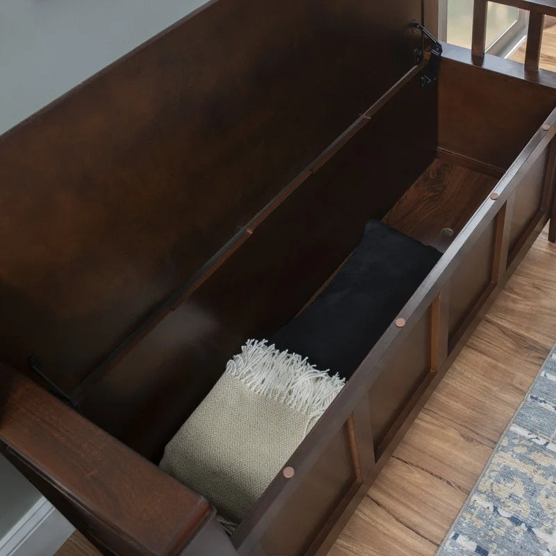 Banc de rangement d'entrée en bois marron noyer avec dossier à lattes et plateau relevable