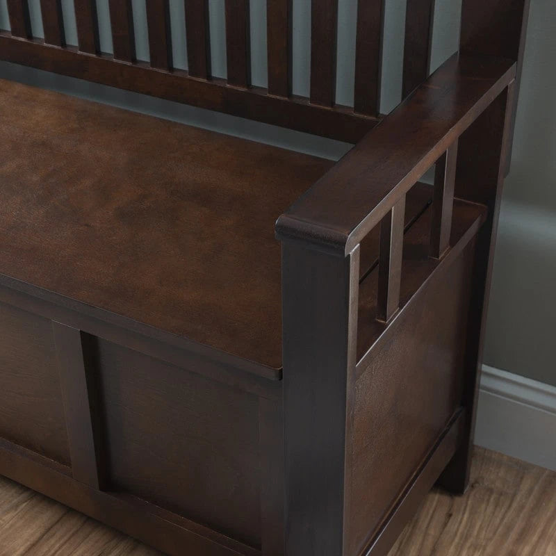 Banc de rangement d'entrée en bois marron noyer avec dossier à lattes et plateau relevable