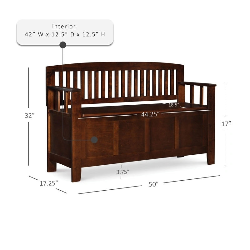 Banc de rangement d'entrée en bois marron noyer avec dossier à lattes et plateau relevable