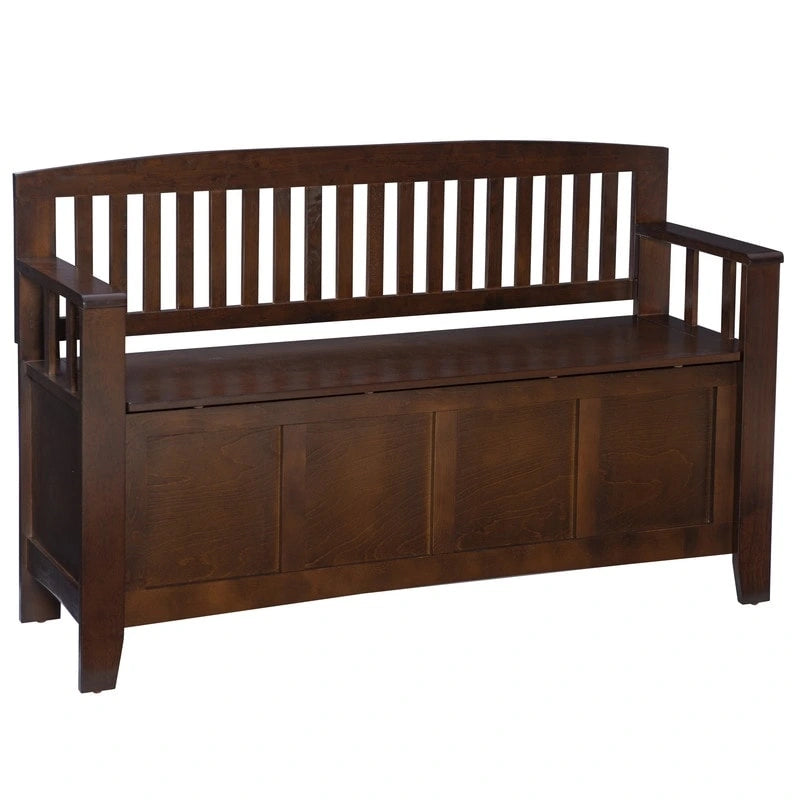 Banc de rangement d'entrée en bois marron noyer avec dossier à lattes et plateau relevable