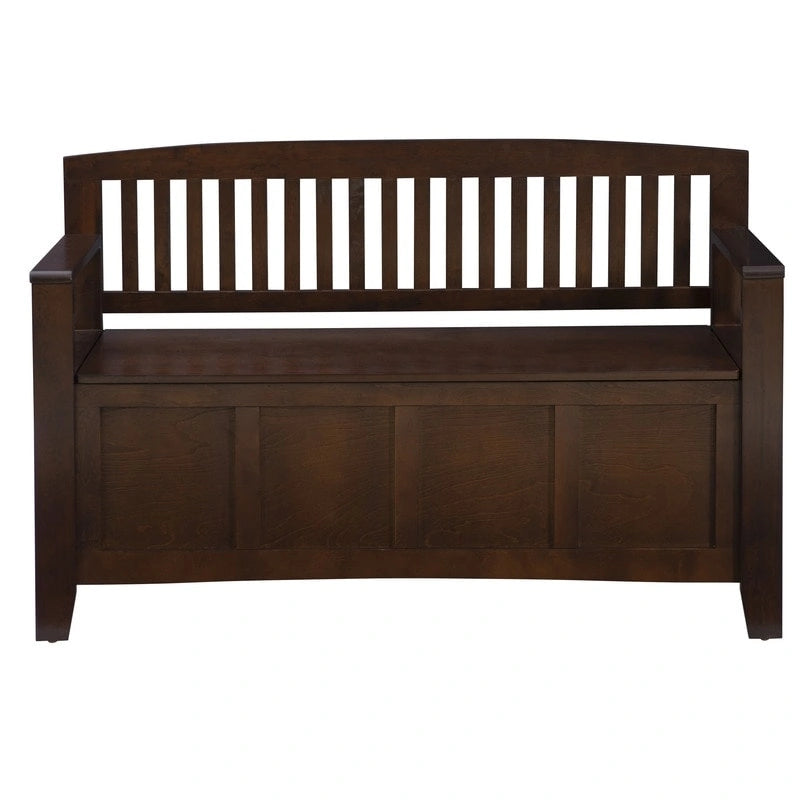 Banc de rangement d'entrée en bois marron noyer avec dossier à lattes et plateau relevable
