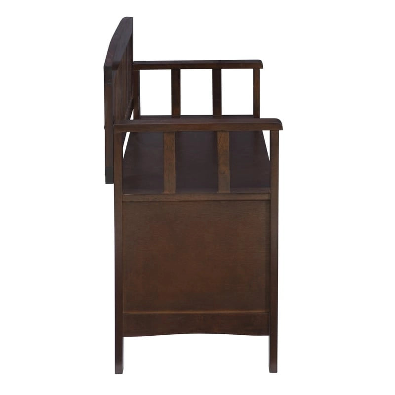 Banc de rangement d'entrée en bois marron noyer avec dossier à lattes et plateau relevable