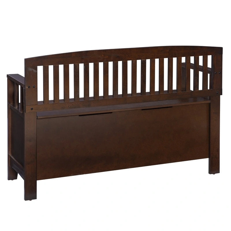 Banc de rangement d'entrée en bois marron noyer avec dossier à lattes et plateau relevable