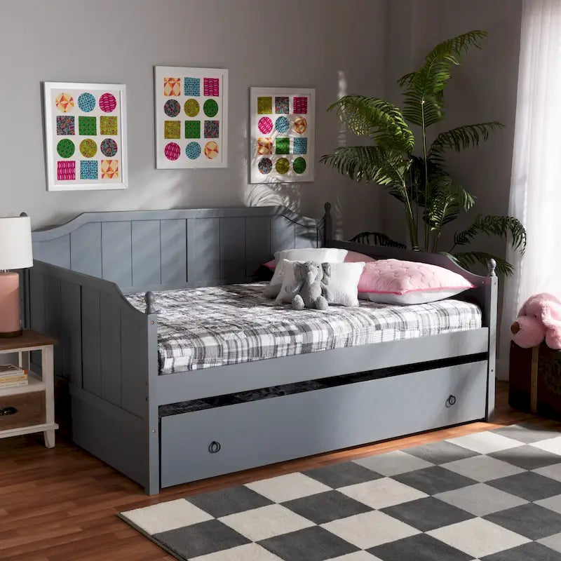 Lit de Repos Double Cottage Farmhouse en Bois avec Pommeaux Décoratifs, Gris et Blanc