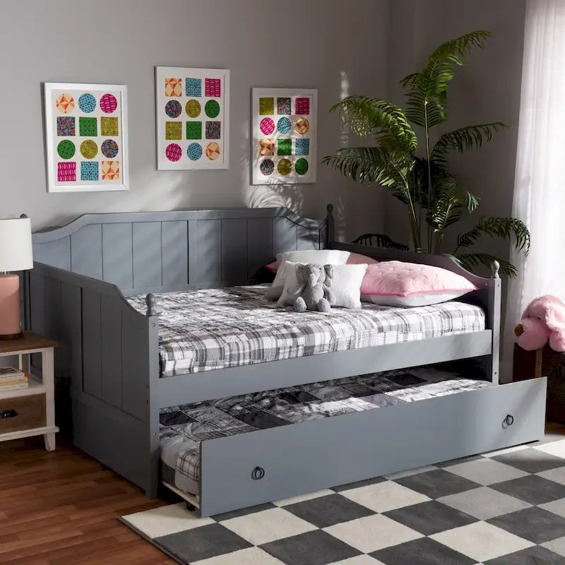 Lit de Repos Double Cottage Farmhouse en Bois avec Pommeaux Décoratifs, Gris et Blanc