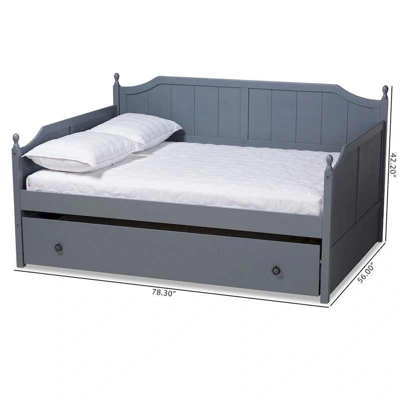 Lit de Repos Double Cottage Farmhouse en Bois avec Pommeaux Décoratifs, Gris et Blanc