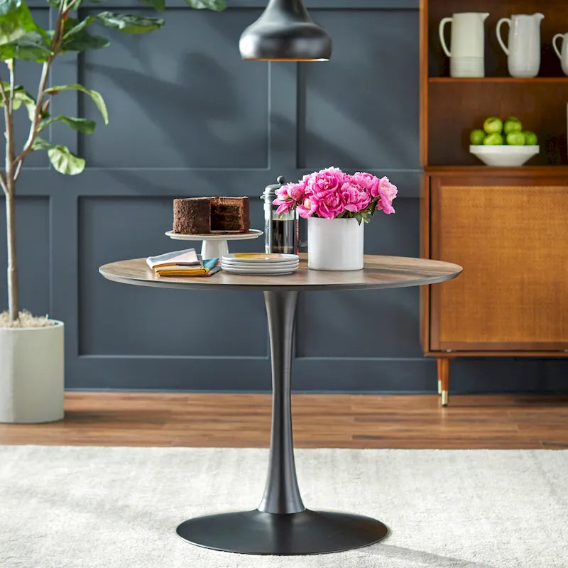 Table à manger ronde Mid-Century Noyer Marbre Noir Or Moderne