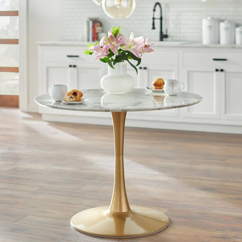 Table à manger ronde Mid-Century Noyer Marbre Noir Or Moderne