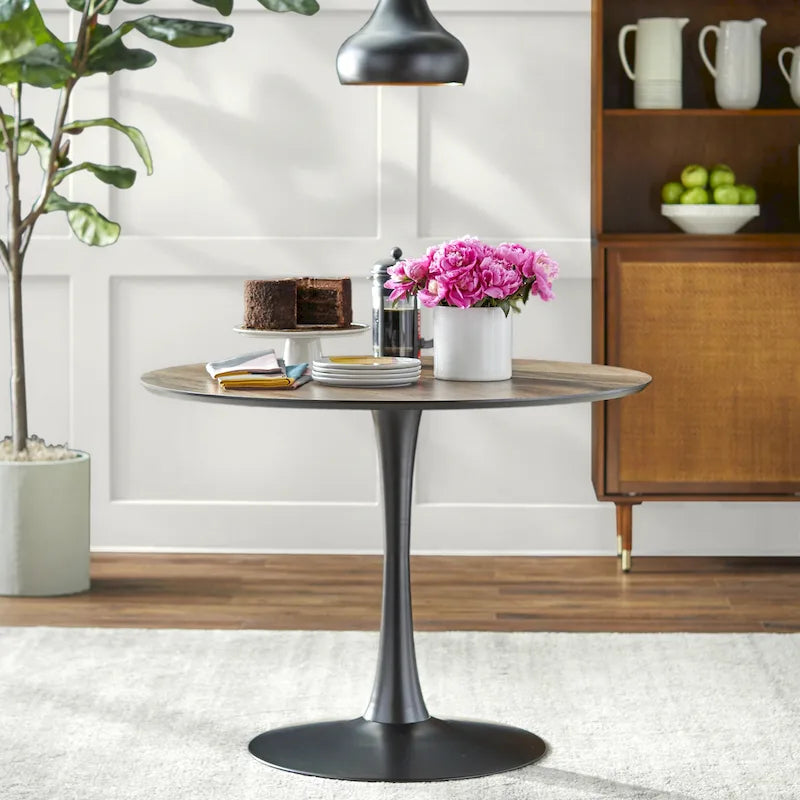 Table à manger ronde Mid-Century Noyer Marbre Noir Or Moderne
