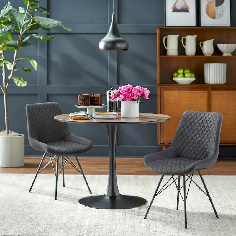 Table à manger ronde Mid-Century Noyer Marbre Noir Or Moderne