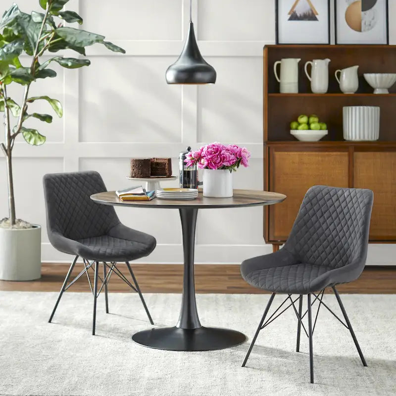 Table à manger ronde Mid-Century Noyer Marbre Noir Or Moderne