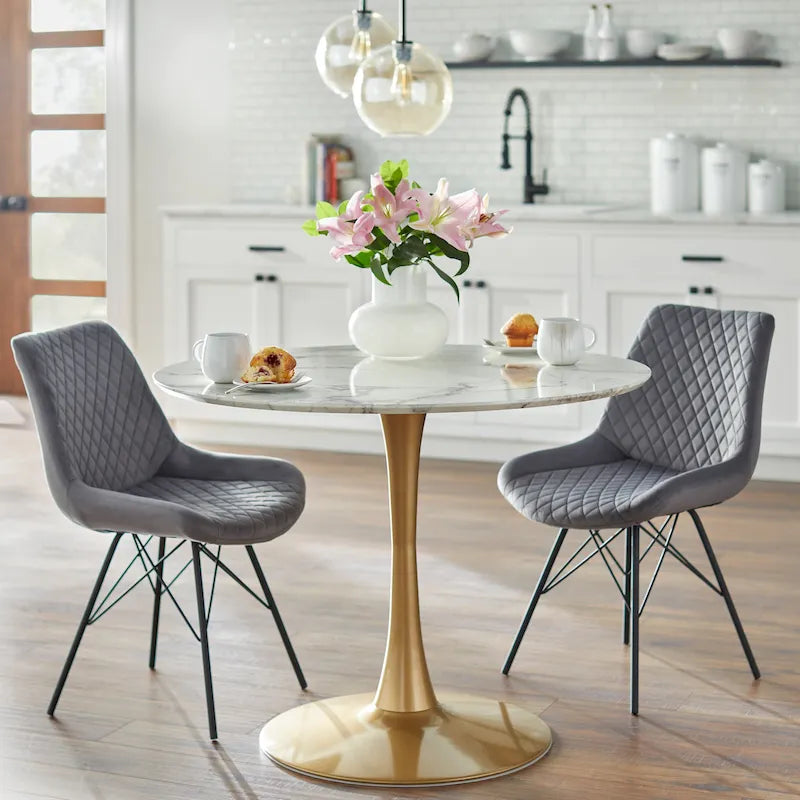 Table à manger ronde Mid-Century Noyer Marbre Noir Or Moderne