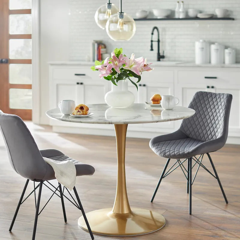 Table à manger ronde Mid-Century Noyer Marbre Noir Or Moderne