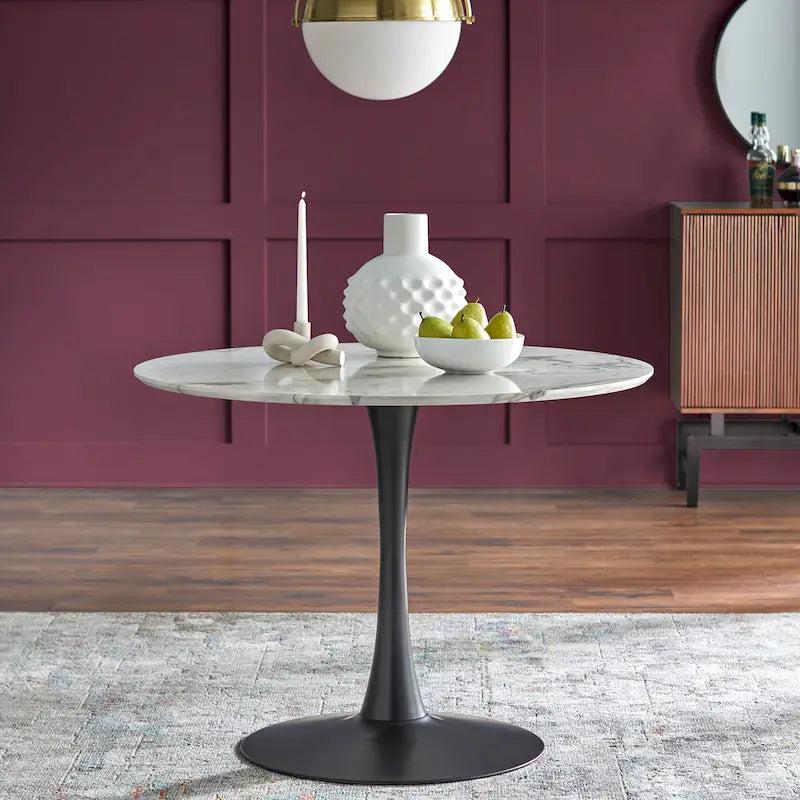 Table à manger ronde Mid-Century Noyer Marbre Noir Or Moderne