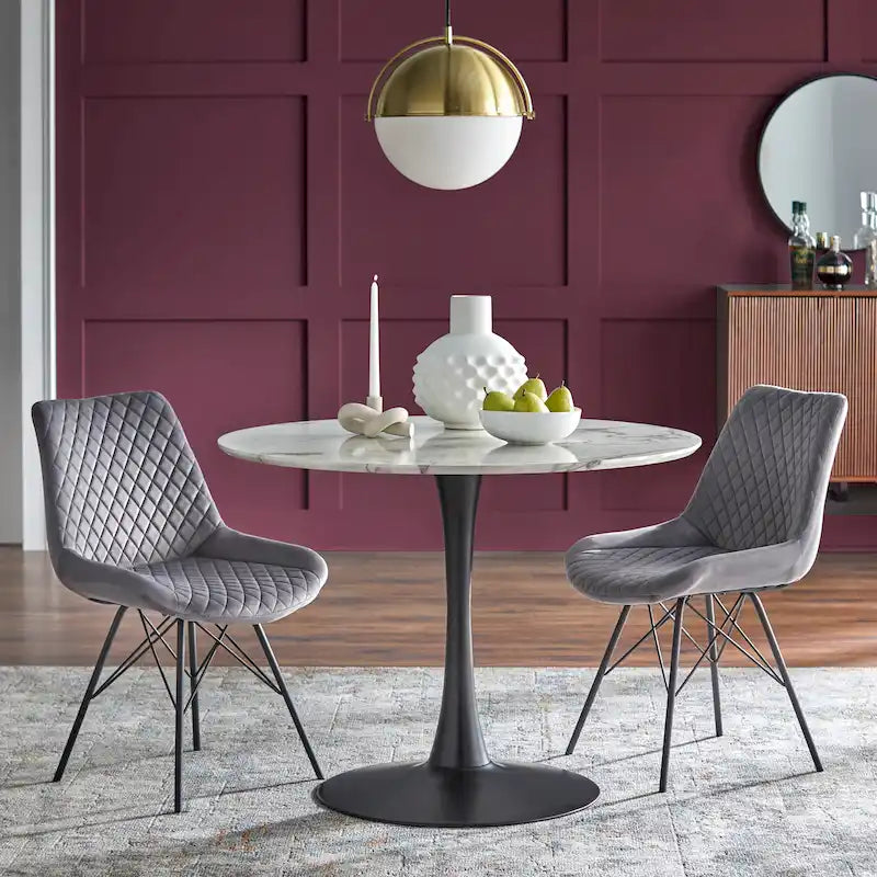 Table à manger ronde Mid-Century Noyer Marbre Noir Or Moderne