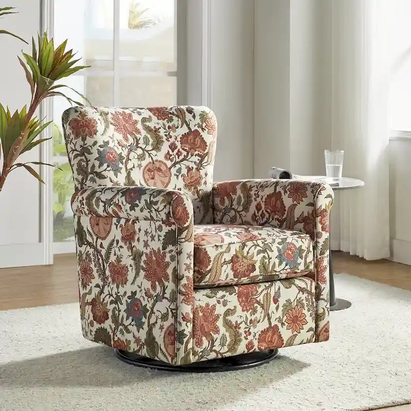 Fauteuil d'appoint à bascule pivotant en tissu fleuri avec accoudoirs arrondis et dossier incurvé