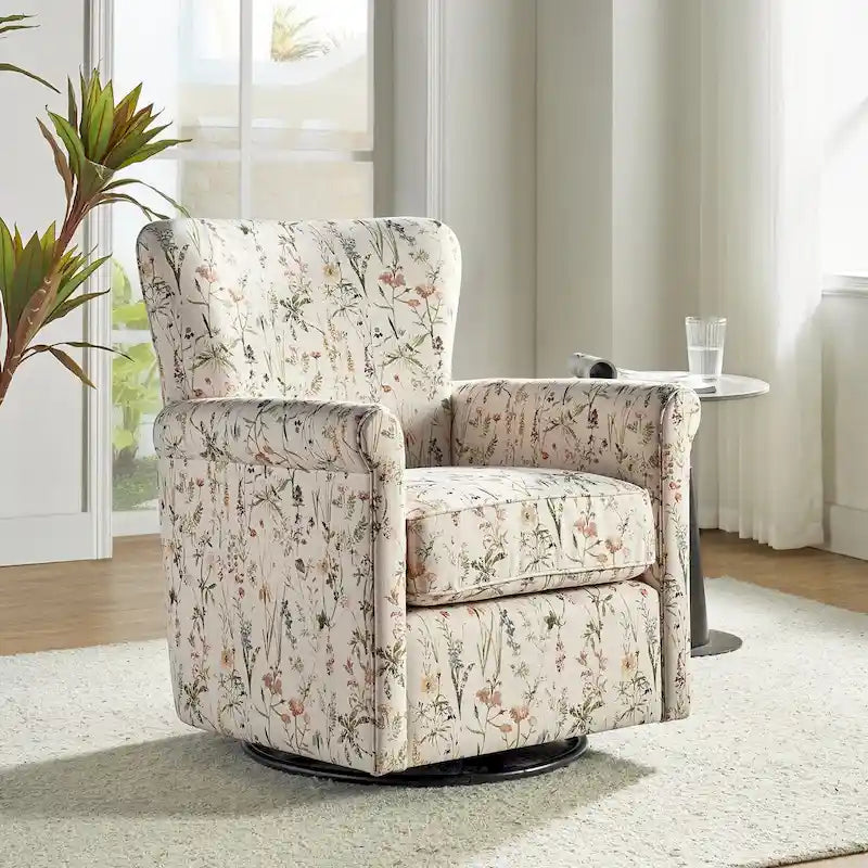 Fauteuil d'appoint à bascule pivotant en tissu fleuri avec accoudoirs arrondis et dossier incurvé