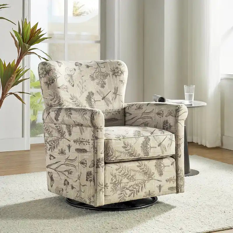 Fauteuil d'appoint à bascule pivotant en tissu fleuri avec accoudoirs arrondis et dossier incurvé