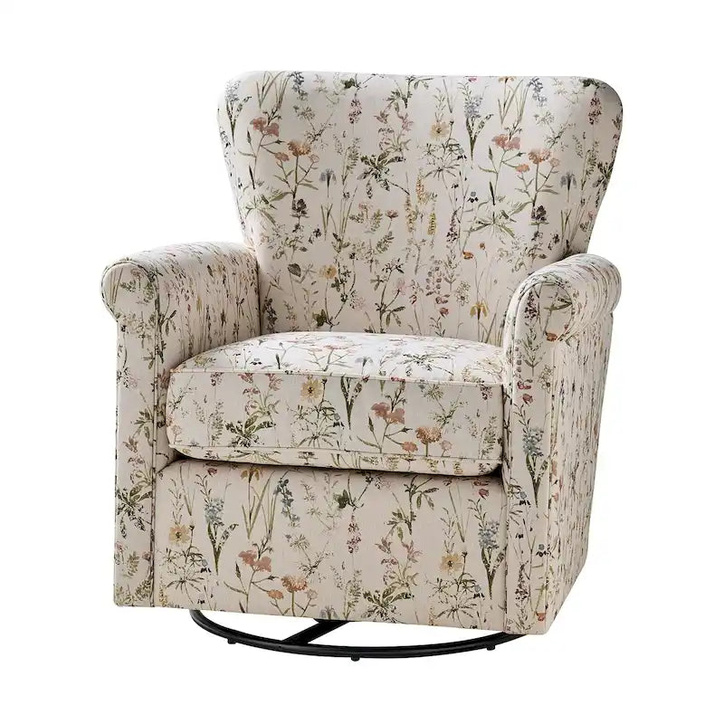 Fauteuil d'appoint à bascule pivotant en tissu fleuri avec accoudoirs arrondis et dossier incurvé