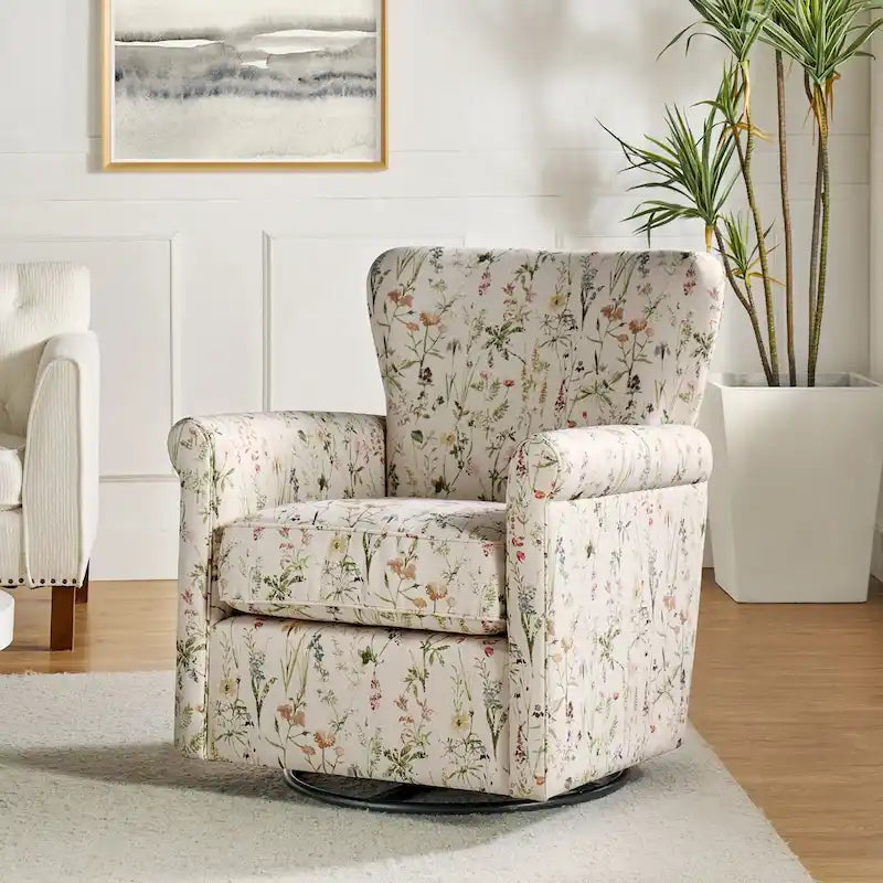 Fauteuil d'appoint à bascule pivotant en tissu fleuri avec accoudoirs arrondis et dossier incurvé