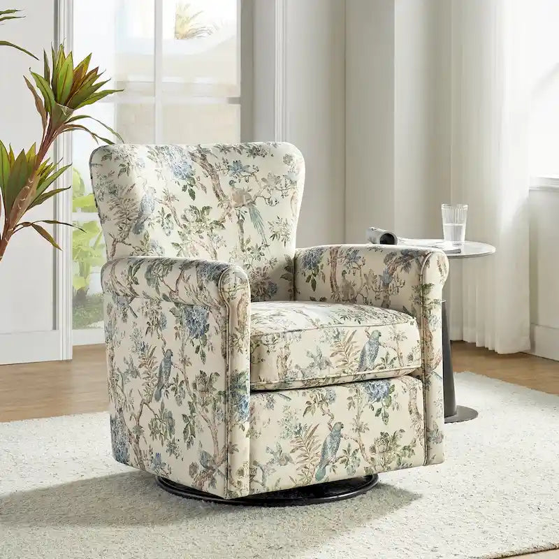 Fauteuil d'appoint à bascule pivotant en tissu fleuri avec accoudoirs arrondis et dossier incurvé