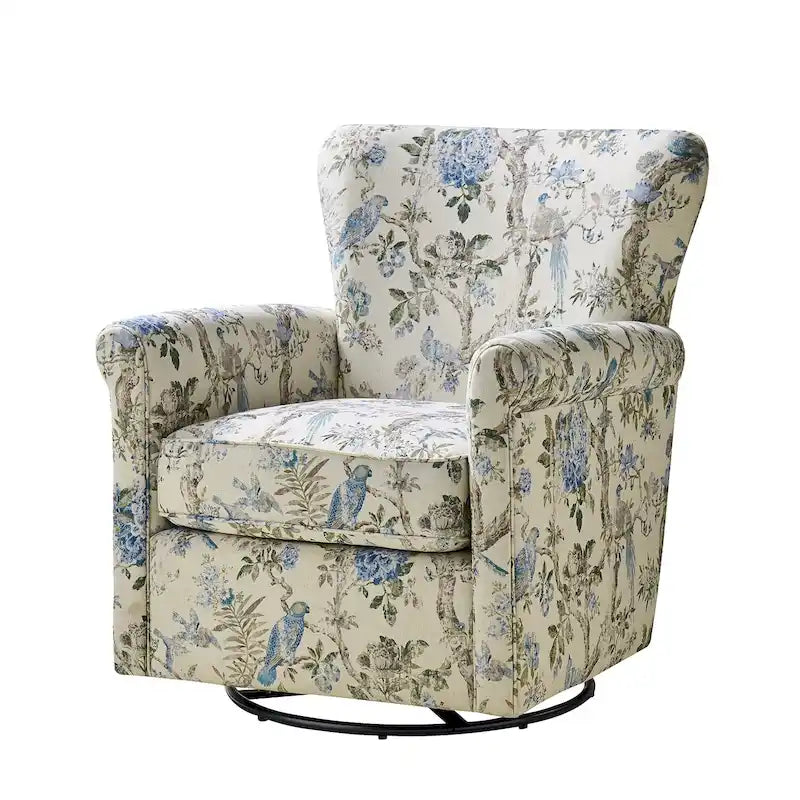 Fauteuil d'appoint à bascule pivotant en tissu fleuri avec accoudoirs arrondis et dossier incurvé