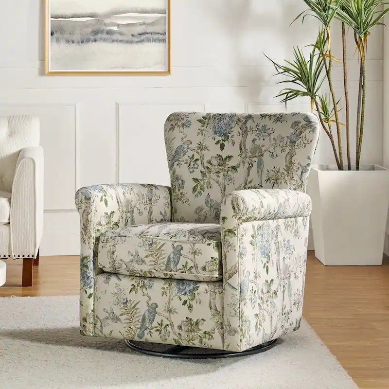 Fauteuil d'appoint à bascule pivotant en tissu fleuri avec accoudoirs arrondis et dossier incurvé